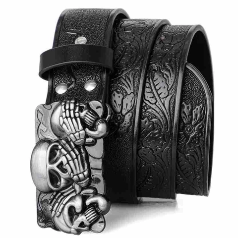 Cintura Punk Bohemienne Uomo Donna Vintage Cowboy Teschio Fibbia Lega Nero Pelle PU In Rilievo Cintura per Jeans Casual