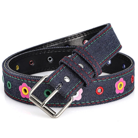 Cinturón de Lona Casual para Mujer Textura Denim Cuadros Retro Decoración de Flores Ojetes Metálicos Hebilla de Hierro Moda