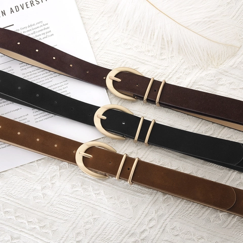 Cintura in Pelle PU alla Moda da Donna Minimalista Texture Scamosciata Fibbia ad Ardiglione in Lega Oro per Jeans Casual