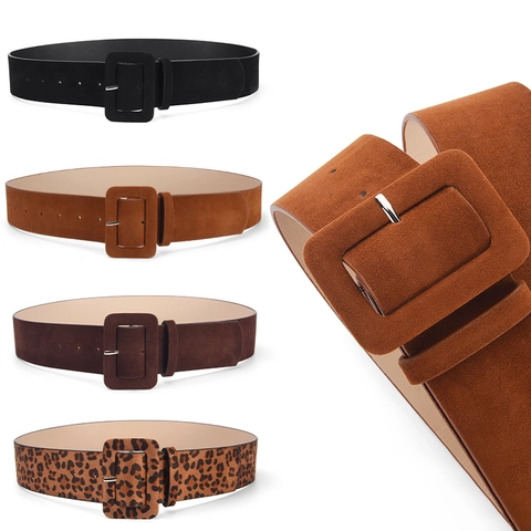 Cintura Larga da Donna Retro in Pelle PU Decorativa con Fibbia Quadrata Rivestita per Abito Maglione Snellente Vita