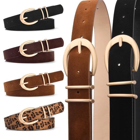 Cintura in Pelle PU alla Moda da Donna Minimalista Texture Scamosciata Fibbia ad Ardiglione in Lega Oro per Jeans Casual