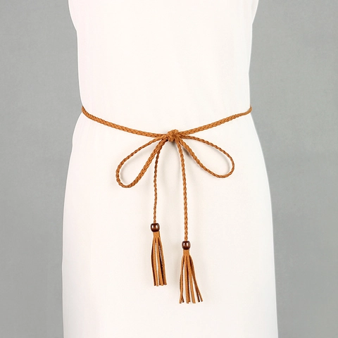 Cinturón Trenzado Bohemio para Mujer Con Borlas y Cuentas de Madera Terciopelo Coreano Cuerda de Cintura Fina Accesorios Decorativos para Vestidos