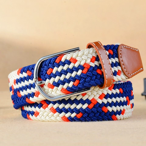 Women Men Elastic Braided Belt Casual Stretch Woven Canvas Waist Strap With Silver Pin Buckle And Leather Trim Fashion Belts