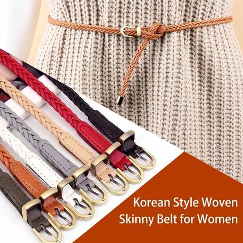 Women's Casual Woven Faux Leather Belt Thin Pin Buckle Dress Waistband Retro Adjustable Waist Strap Fashion Accessories
