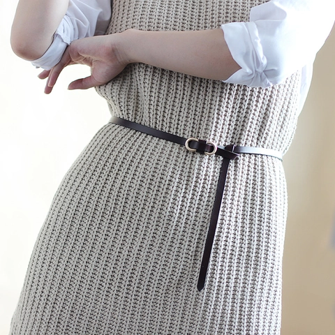 Damen Schlanker Echtleder Gürtel Mode Doppelring Legierung Schnalle Dünner Taillengürtel Für Kleider Jeans Eleganter Knoten Gürtel