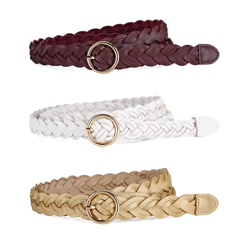 Damen Mode Geflochtener Gürtel Einfacher Kunstleder Taillengürtel Mit Runder Legierungsschnalle Pendler Taillen Dekoration