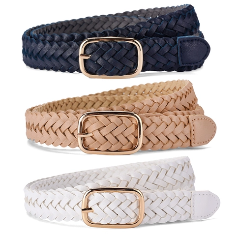 Ceinture Femme en Similicuir Tissé Mode Boucle Dorée Rectangulaire Sangle de Taille pour Jeans Robes Accessoire Casual