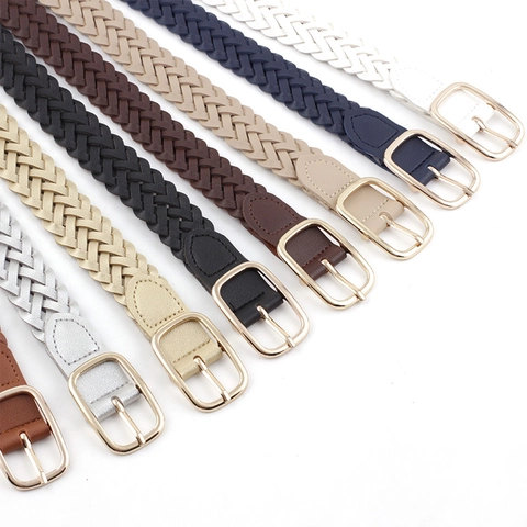 Ceinture Femme en Similicuir Tissé Mode Boucle Dorée Rectangulaire Sangle de Taille pour Jeans Robes Accessoire Casual