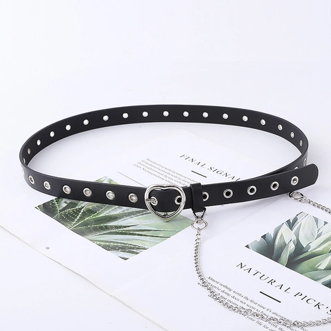 Damen Herz-Schnalle Kunstleder Gürtel Punk Y2K Stil Ösen-Gurt Mit Abnehmbarer Metallkette Süß Cool Taillengürtel