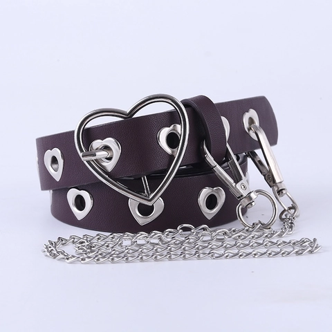 Damen PU Leder Punk Gürtel Herz Schnalle Hohl Ösen Dekorative Taillenriemen Mit Abnehmbarer Metallkette Y2K Gothic Mode Accessoire