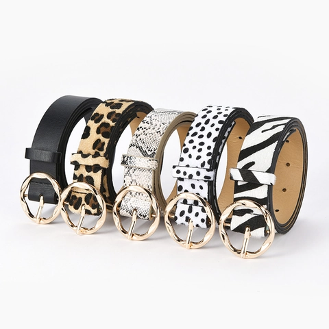 Women Faux Leather Belt With Round Gold Alloy Buckle Animal Leopard Snake Zebra Zebra Print Waist Belt For Dress Fashion Accessories