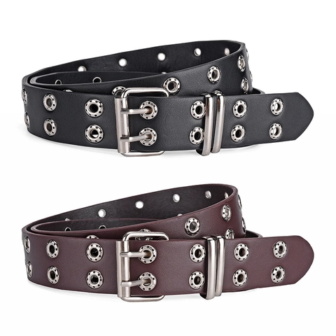 Cinturón Punk de Doble Fila de Ojetes para Mujer Moda de Cuero PU con Hebilla de Doble Pasador para Jeans Cinturón Decorativo