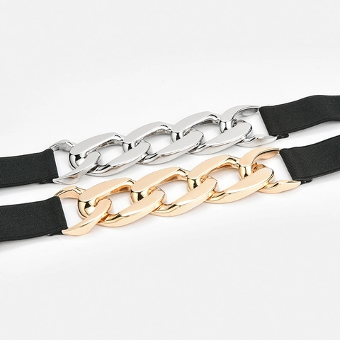 Cintura a Corsetto Donna Moda Alta Elasticità Cinturino con Fibbia a Catena in Metallo Spessa Oro Argento Nero Cintura per Abito