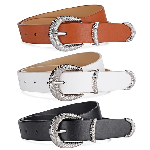 Women Vintage Western Carved Alloy Buckle Faux Leather Belt Fashion Solid Color Waistband For Jeans Dresses Coat Accessories