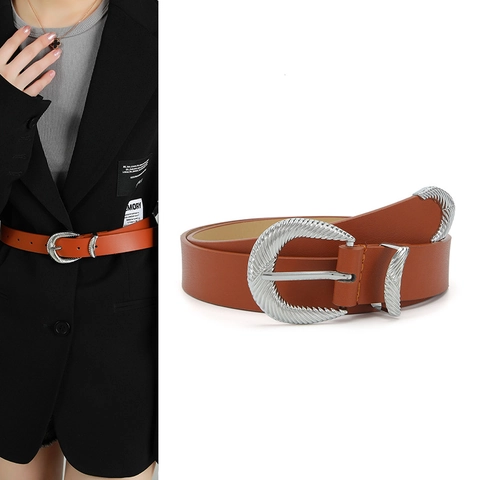 Women Vintage Western Carved Alloy Buckle Faux Leather Belt Fashion Solid Color Waistband For Jeans Dresses Coat Accessories