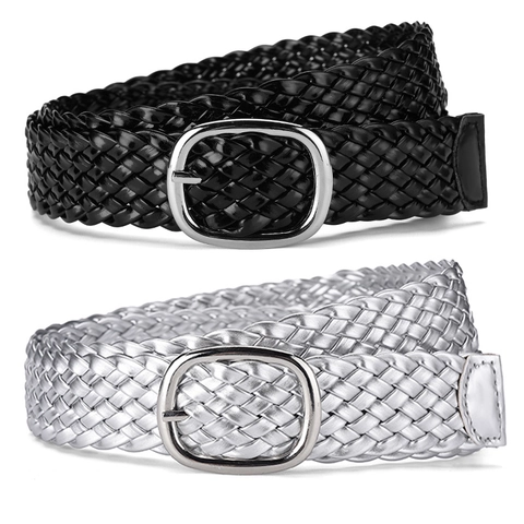 Women Elegant PU Leather Braided Waist Belt With Silver Oval Pin Buckle Versatile Woven Skinny Belt For Dresses Casual Accessories