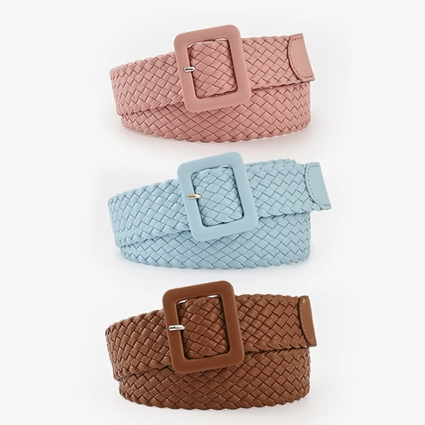 Damen Casual PU Leder Geflochten Taillengürtel Mit Überzogener Quadratischer Schnalle Bonbonfarben Gürtel Für Kleider Jeans