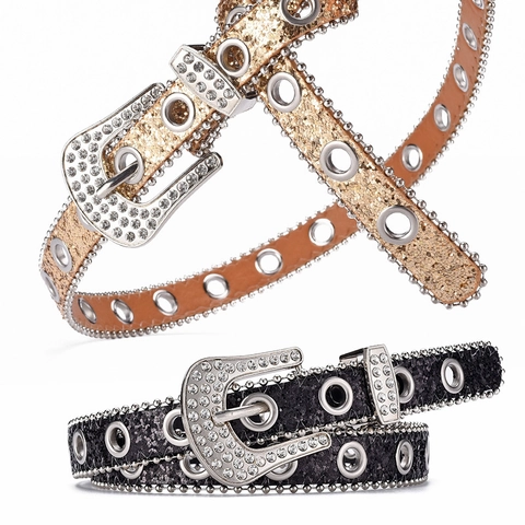 Women Y2K Sequins Rhinestone Belt Punk Fashion Glitter PU Leather Waistband With Horsebuckle Metal Eyelets Decorative Belt