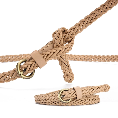 Vintage Women Braided Thin PU Leather Belt With Antique Bronze Round Alloy Buckle Woven Waist Strap For Dresses Casual Accessory