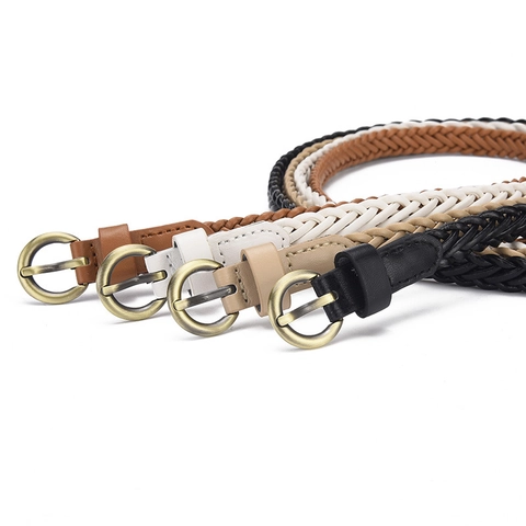 Vintage Women Braided Thin PU Leather Belt With Antique Bronze Round Alloy Buckle Woven Waist Strap For Dresses Casual Accessory