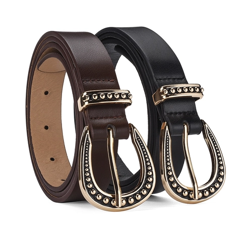Vintage Women PU Leather Belt Horseshoe Pin Buckle Metal Bead Decoration Bohemian Style Waist Strap For Jeans Dresses