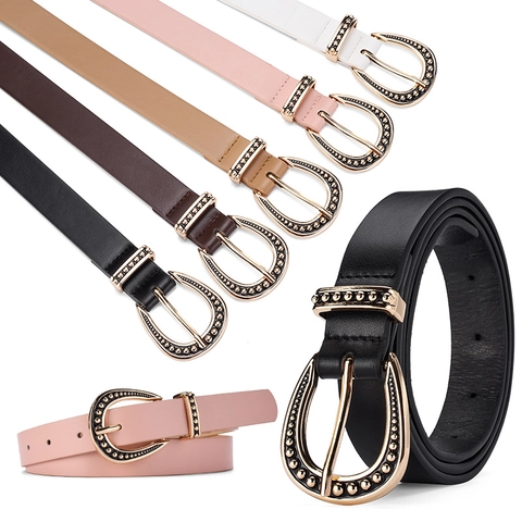 Vintage Women PU Leather Belt Horseshoe Pin Buckle Metal Bead Decoration Bohemian Style Waist Strap For Jeans Dresses