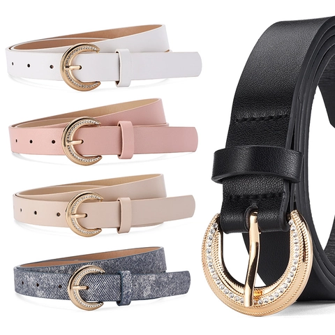 Damen Eleganter PU Leder Gürtel Mit Strass Legierung Rundschnalle Einfacher Mode Taillengürtel Für Kleider Jeans Schmuck