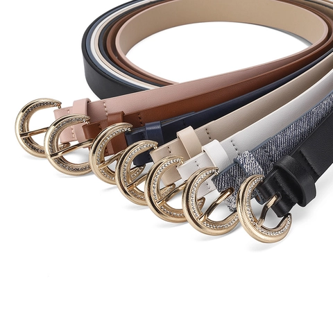 Damen Eleganter PU Leder Gürtel Mit Strass Legierung Rundschnalle Einfacher Mode Taillengürtel Für Kleider Jeans Schmuck