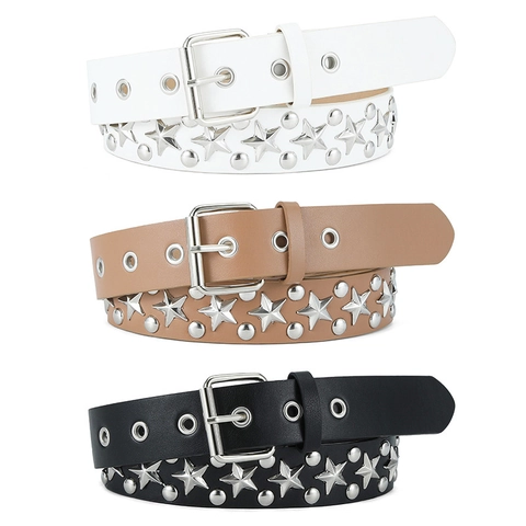Damen Punk PU Ledergürtel Mit Sternnieten Metallösen Dornschließe Y2K Rock Hip Hop Taillengürtel Für Jeans Casual Accessoire