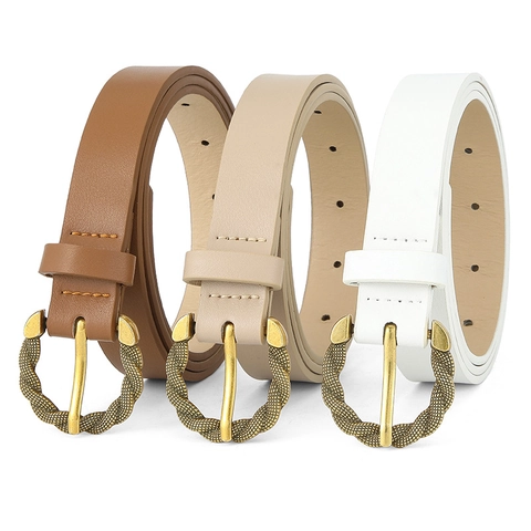 Vintage Women PU Leather Belt With Circular Alloy Pin Buckle Woven Texture Thin Waistband Retro Solid Color Dress Accessory