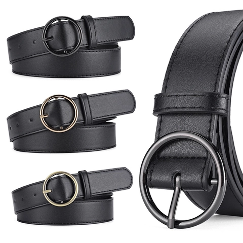Women PU Leather Belt Fashion Versatile Round Alloy Pin Buckle Waistband For Jeans Pants Elegant Solid Color Accessory