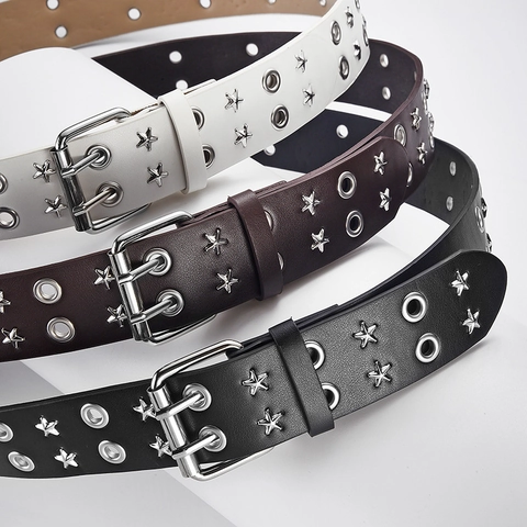 Cintura Punk con Occhielli Doppi per Uomo Donna in Pelle PU con Borchie a Stella Cintura in Vita con Catena in Metallo Goth