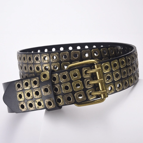 Cintura in Pelle PU Stile Punk per Uomo Donna Fibbia a Tre Ardiglioni Tre File di Occhielli in Metallo Borchie Gothic Rock