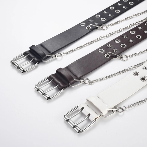 Cintura Punk con Occhielli Doppi per Uomo Donna in Pelle PU con Borchie a Stella Cintura in Vita con Catena in Metallo Goth