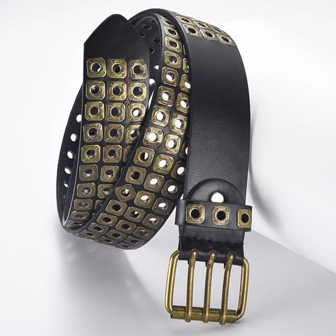 Cintura in Pelle PU Stile Punk per Uomo Donna Fibbia a Tre Ardiglioni Tre File di Occhielli in Metallo Borchie Gothic Rock