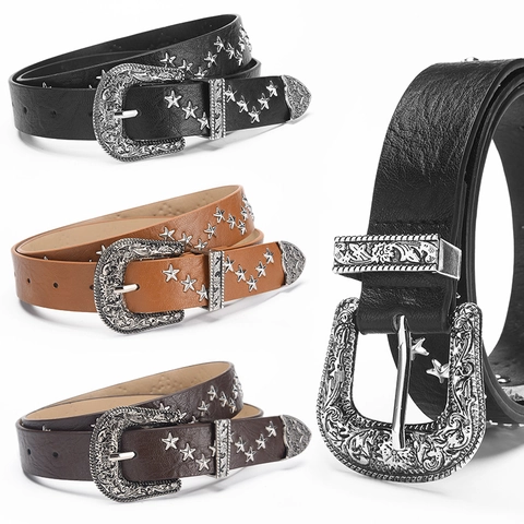 Cintura Punk da Donna con Borchie a Stella Retro in Pelle PU Fibbia ad Ardiglione in Lega Incisa Vintage per Jeans Moda