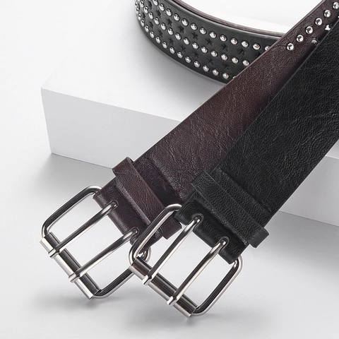 Ceinture Punk pour Femmes Rivets Cuir PU Étoile Creuse Double Boucle à Ardillon Large Ceinture Hip Hop Décorative