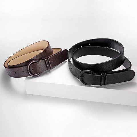 Ceinture Vintage en Cuir PU pour Femmes Avec Boucle Ronde Mate en Alliage Ceinture à la Mode Couleur Unie pour Jeans et Pantalon