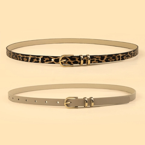 Mode Leopardenmuster PU Leder Dünner Gürtel Für Damen Gold Legierung Dornschließe Lässiger Vielseitiger Taillengürtel Für Jeans