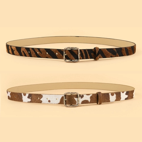 Cintura da Donna alla Moda con Stampa Animalier in Pelle PU con Fibbia Quadrata in Lega Motivo Zebra Mucca Cintura Sottile Decorativa Casual