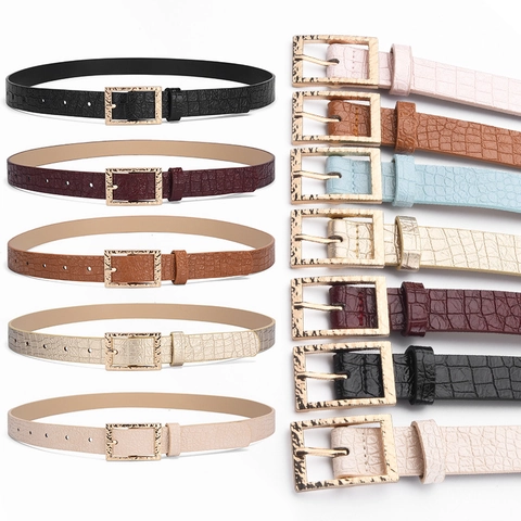 Ceinture Femme Vintage Français Motif Crocodile en Cuir PU Boucle Métal Martelée Dorée Ceinture Taille Mince pour Robe