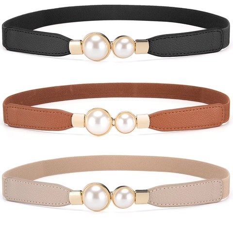 Cinturón Elástico Elegante para Mujer Con Hebilla de Aleación Dorada y Doble Perla Artificial Cintura Elástica de Cuero PU