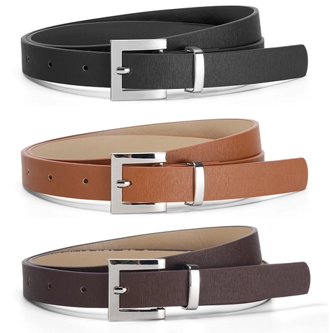 Women Minimalist Faux Leather Belt With Silver Alloy Buckle Sophisticated Solid Thin Waist Belt For Jeans Dresses Daily Casual