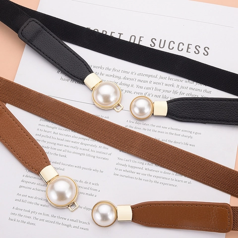 Cinturón Elástico Elegante para Mujer Con Hebilla de Aleación Dorada y Doble Perla Artificial Cintura Elástica de Cuero PU