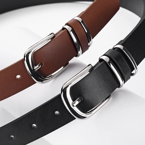 Women Slim PU Leather Belt With Silver Metal Horseshoe Needle Buckle Versatile Casual Fashion Accessory For Jeans Dresses
