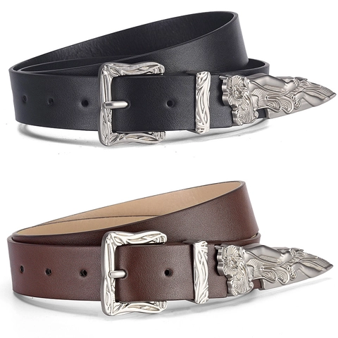 Damen Vintage PU Leder Gürtel Mit Geschnitzter Blumen Legierung Dornschließe Retro Punk Taillengürtel Bohemian Fashion Gürtel