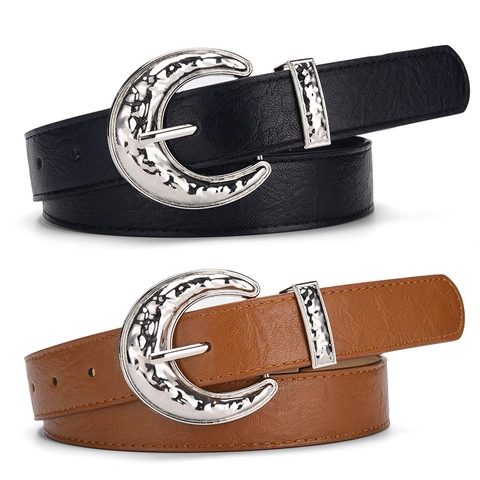 Women's Retro Hammered Moon Buckle PU Leather Belt Vintage Crescent Pin Buckle Waistband For Jeans Versatile Accessory