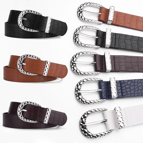 Cintura da Donna Vintage in Pelle PU con Motivo a Coccodrillo con Fibbia in Lega Incisa Cintura Retrò Sottile per Abiti e Pantaloni
