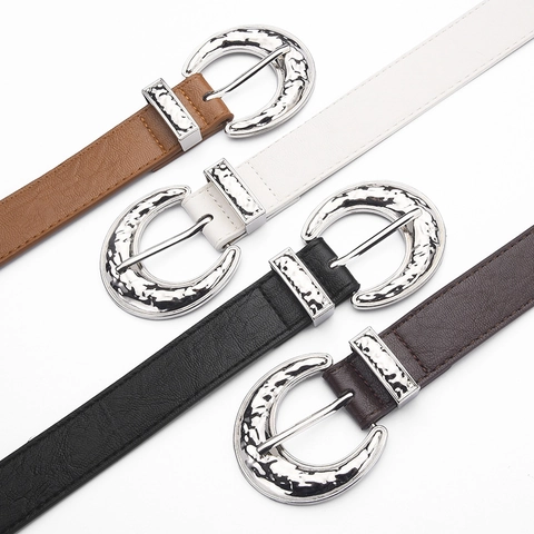 Women's Retro Hammered Moon Buckle PU Leather Belt Vintage Crescent Pin Buckle Waistband For Jeans Versatile Accessory