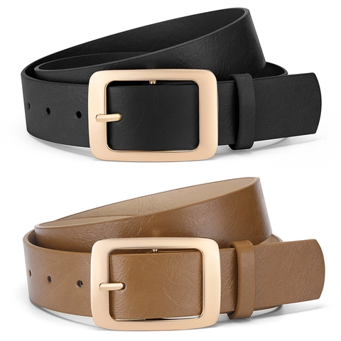 Women Fashion PU Leather Belt With Rectangular Gold Alloy Buckle Versatile Casual Waistband For Jeans Dresses Ladies Accessory